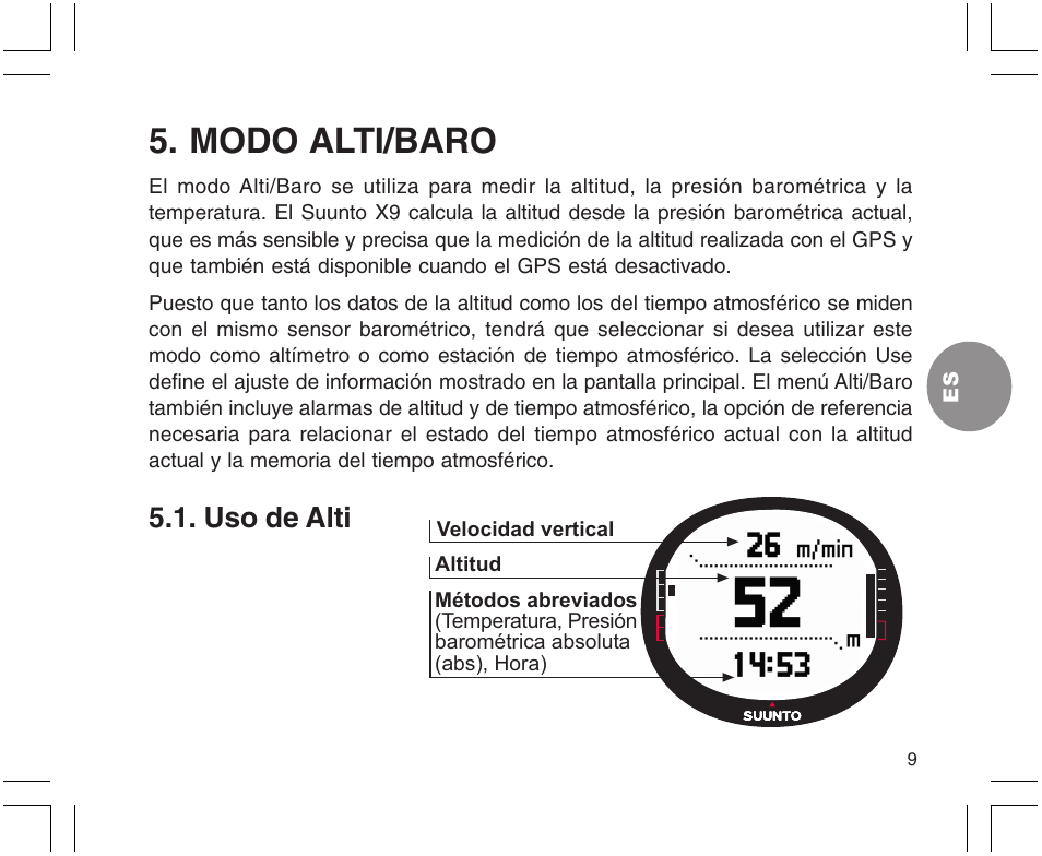 Modo alti/baro, Uso de alti | SUUNTO X9 User Manual | Page 115 / 286