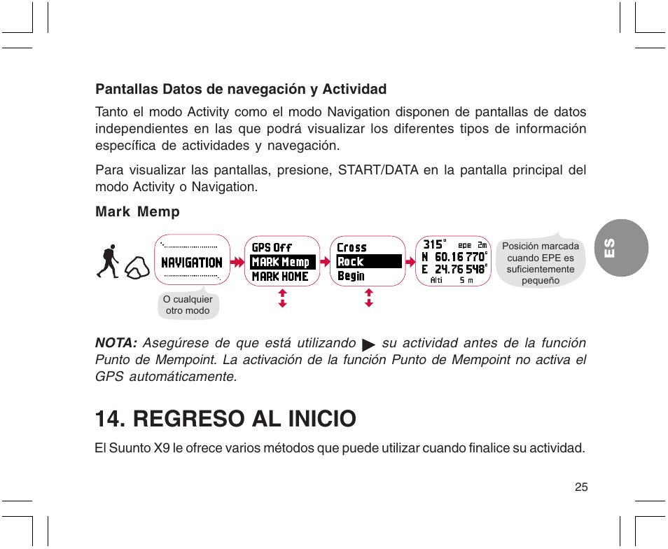 Regreso al inicio | SUUNTO X9 User Manual | Page 131 / 286