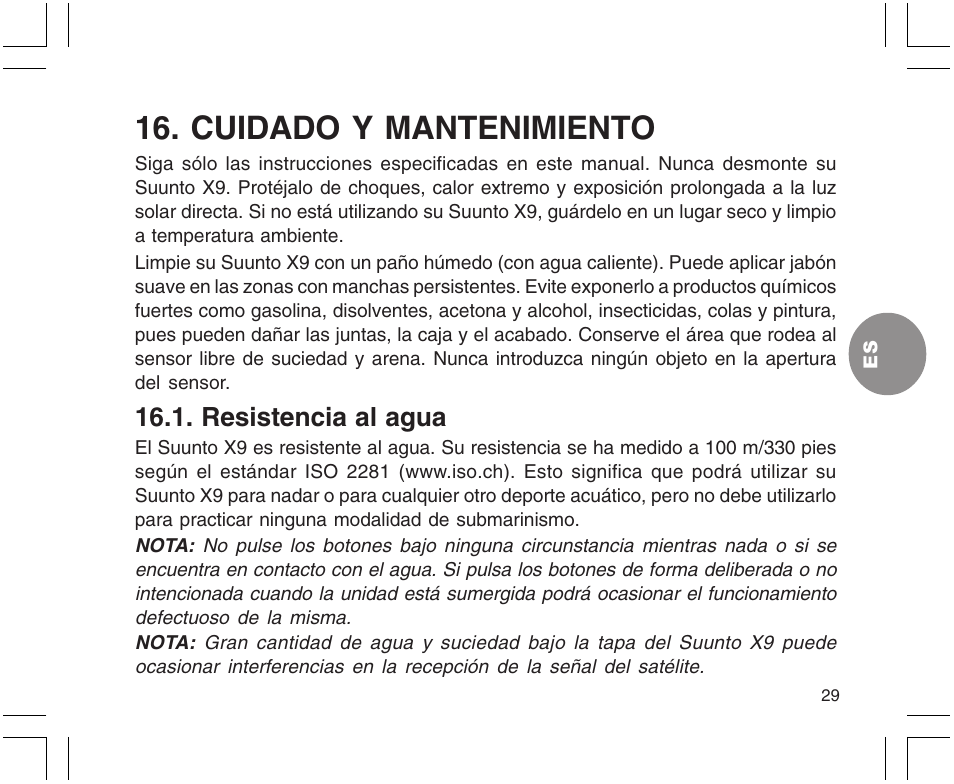 Cuidado y mantenimiento, Resistencia al agua | SUUNTO X9 User Manual | Page 135 / 286