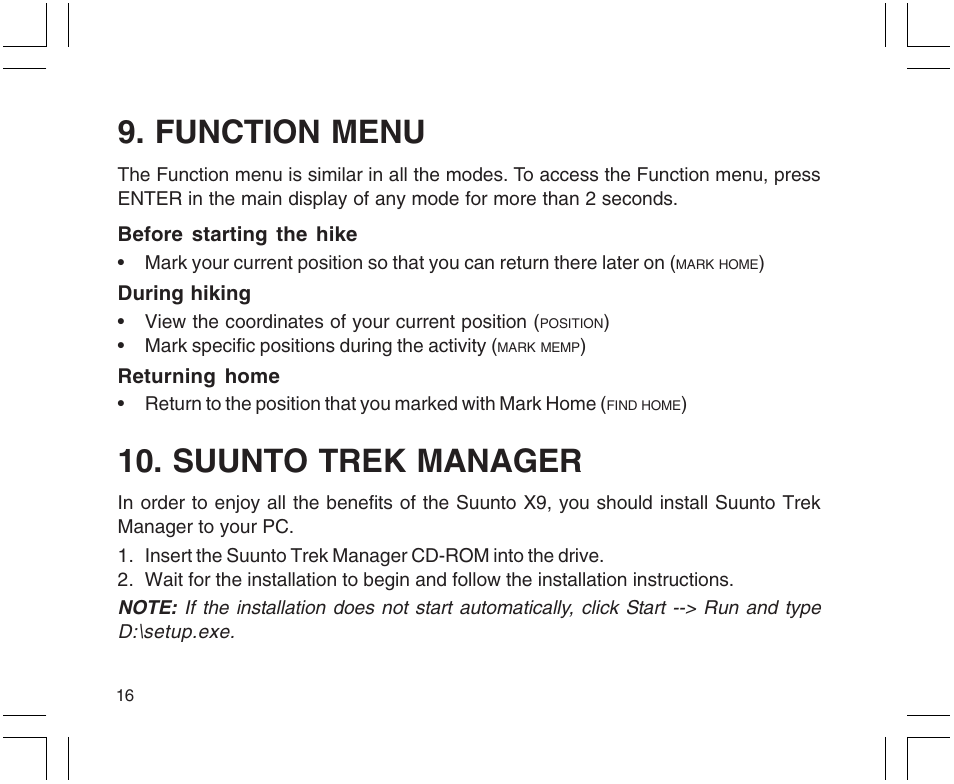 Function menu, Suunto trek manager | SUUNTO X9 User Manual | Page 16 / 286