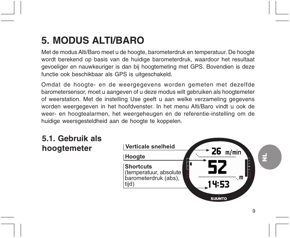 Modus alti/baro, Gebruik als hoogtemeter | SUUNTO X9 User Manual | Page 185 / 286