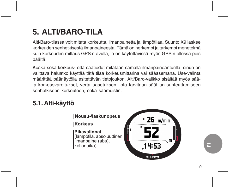 Alti/baro-tila, Alti-käyttö | SUUNTO X9 User Manual | Page 221 / 286