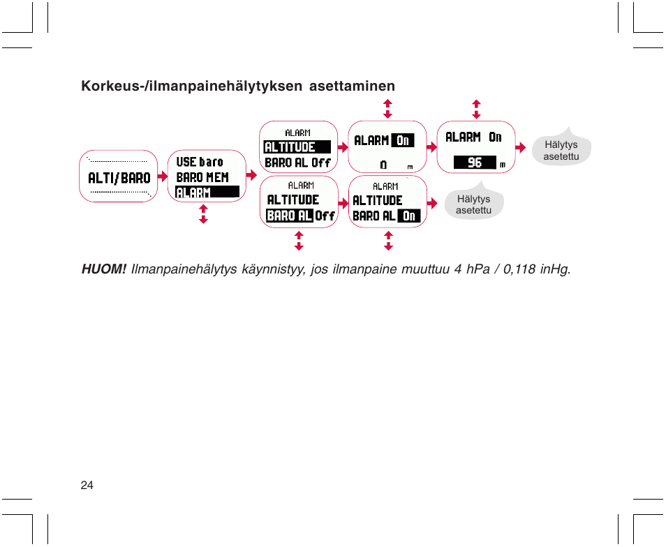 Korkeus-/ilmanpainehälytyksen asettaminen | SUUNTO X9 User Manual | Page 236 / 286