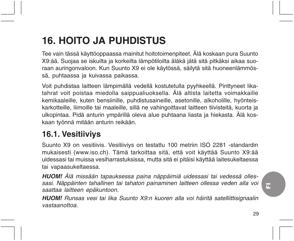 Hoito ja puhdistus, Vesitiiviys | SUUNTO X9 User Manual | Page 241 / 286