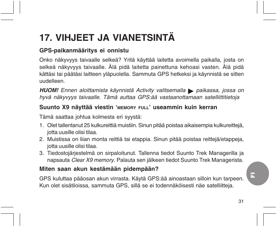 Vihjeet ja vianetsintä | SUUNTO X9 User Manual | Page 243 / 286