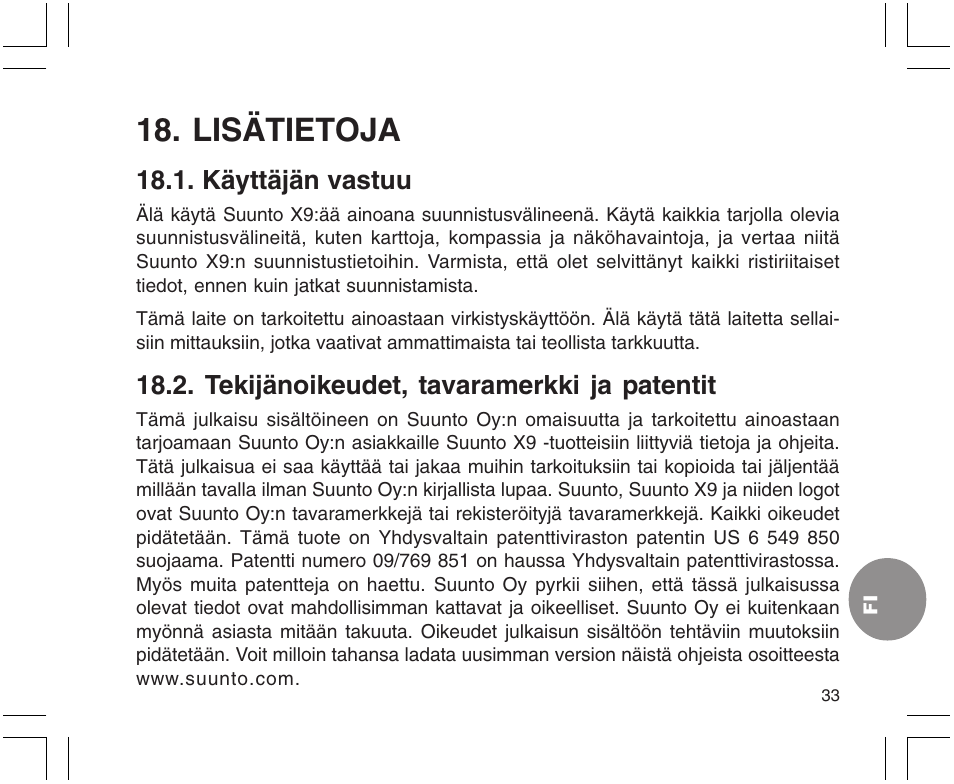 Lisätietoja, Käyttäjän vastuu, Tekijänoikeudet, tavaramerkki ja patentit | SUUNTO X9 User Manual | Page 245 / 286