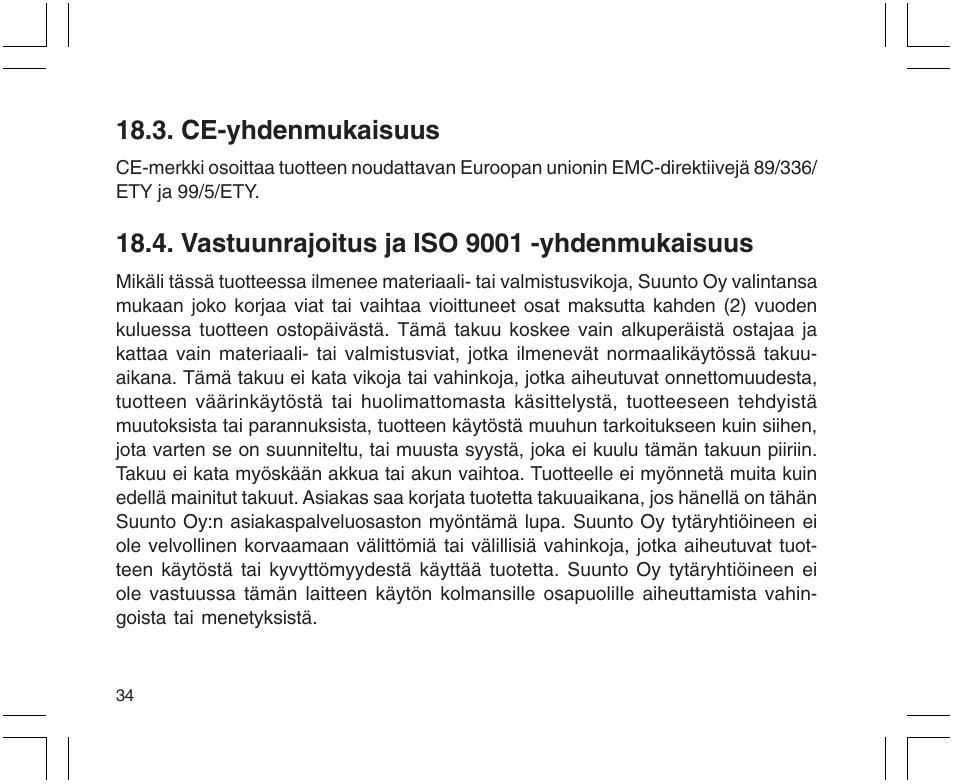 Ce-yhdenmukaisuus, Vastuunrajoitus ja iso 9001 -yhdenmukaisuus | SUUNTO X9 User Manual | Page 246 / 286