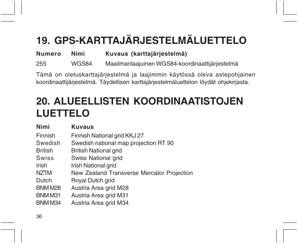 Svenska, Gps-karttajärjestelmäluettelo, Alueellisten koordinaatistojen luettelo | SUUNTO X9 User Manual | Page 248 / 286