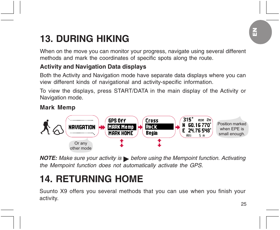 During hiking, Returning home | SUUNTO X9 User Manual | Page 25 / 286