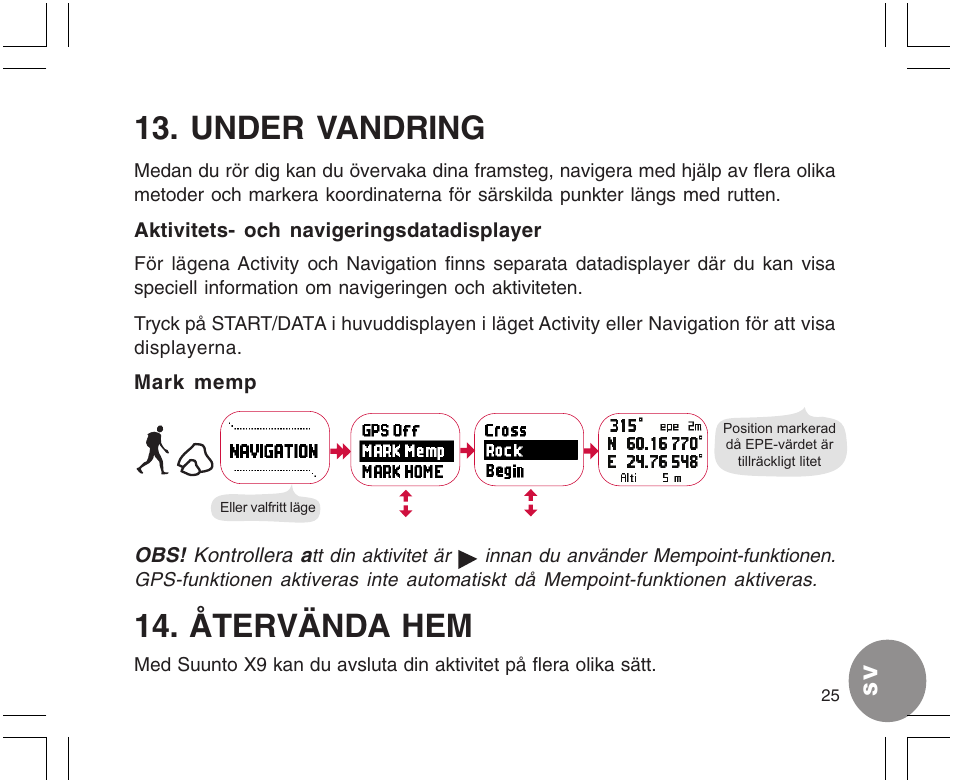 Under vandring, Återvända hem | SUUNTO X9 User Manual | Page 271 / 286