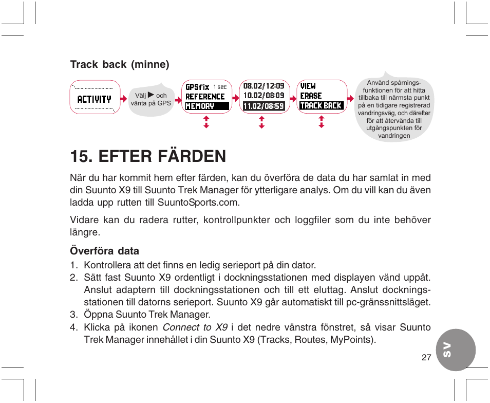 Efter färden, Track back (minne), Överföra data | SUUNTO X9 User Manual | Page 273 / 286