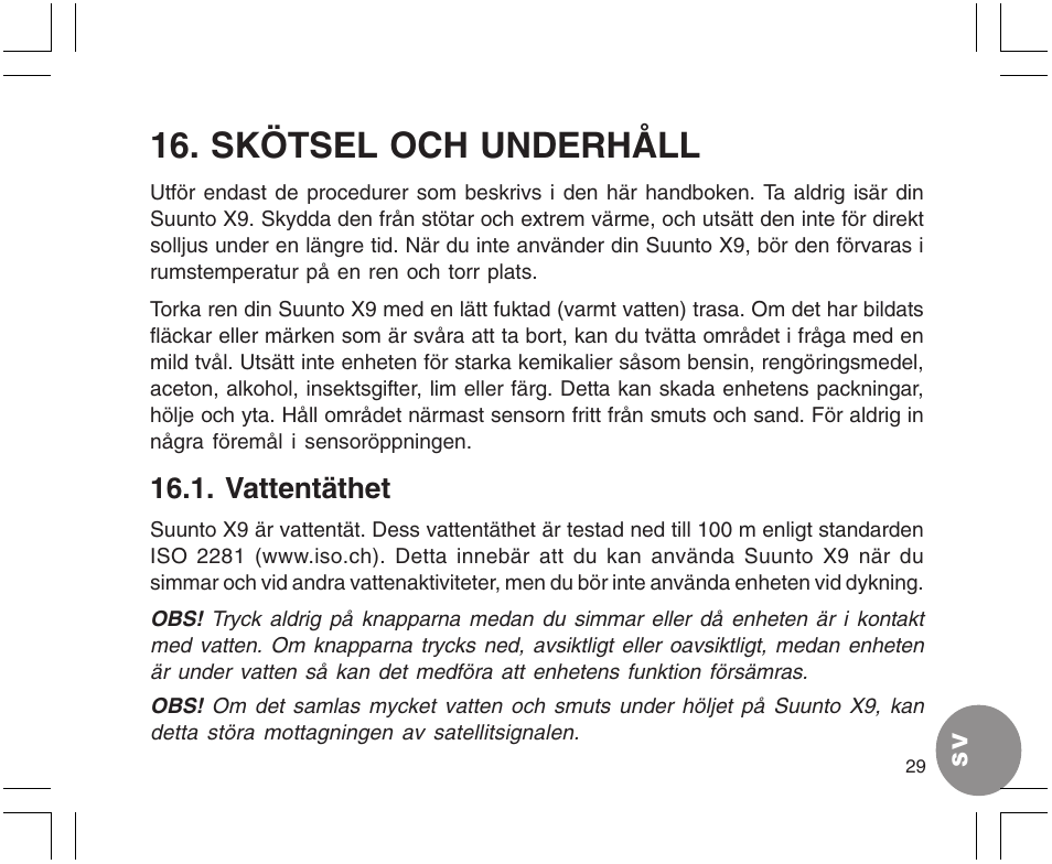 Skötsel och underhåll, Vattentäthet | SUUNTO X9 User Manual | Page 275 / 286