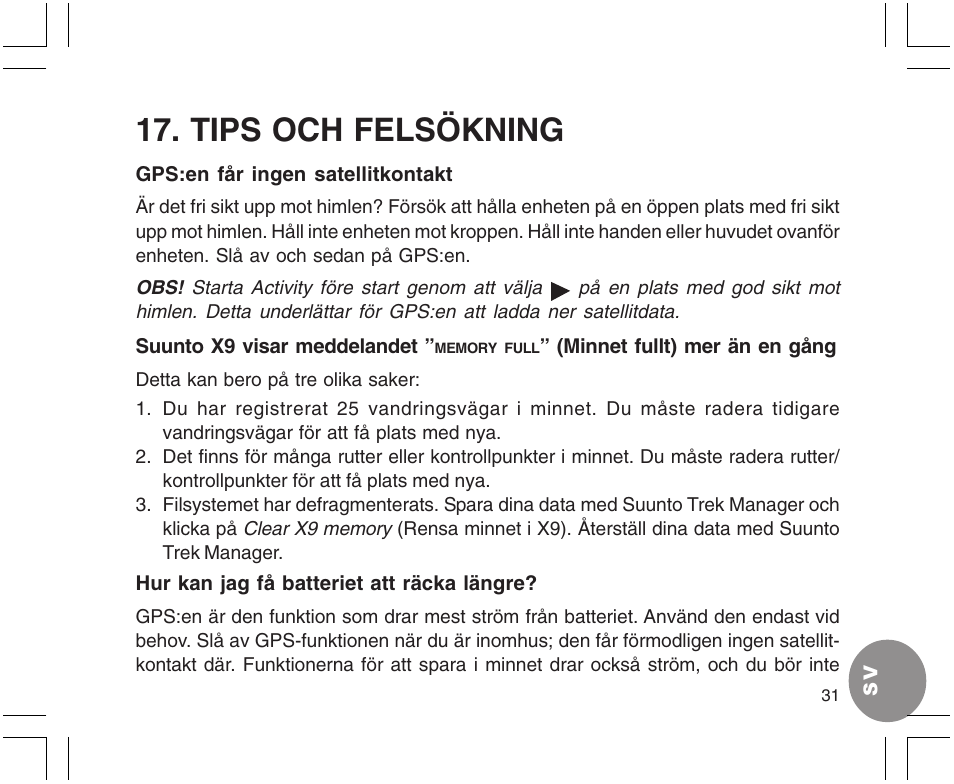 Tips och felsökning | SUUNTO X9 User Manual | Page 277 / 286