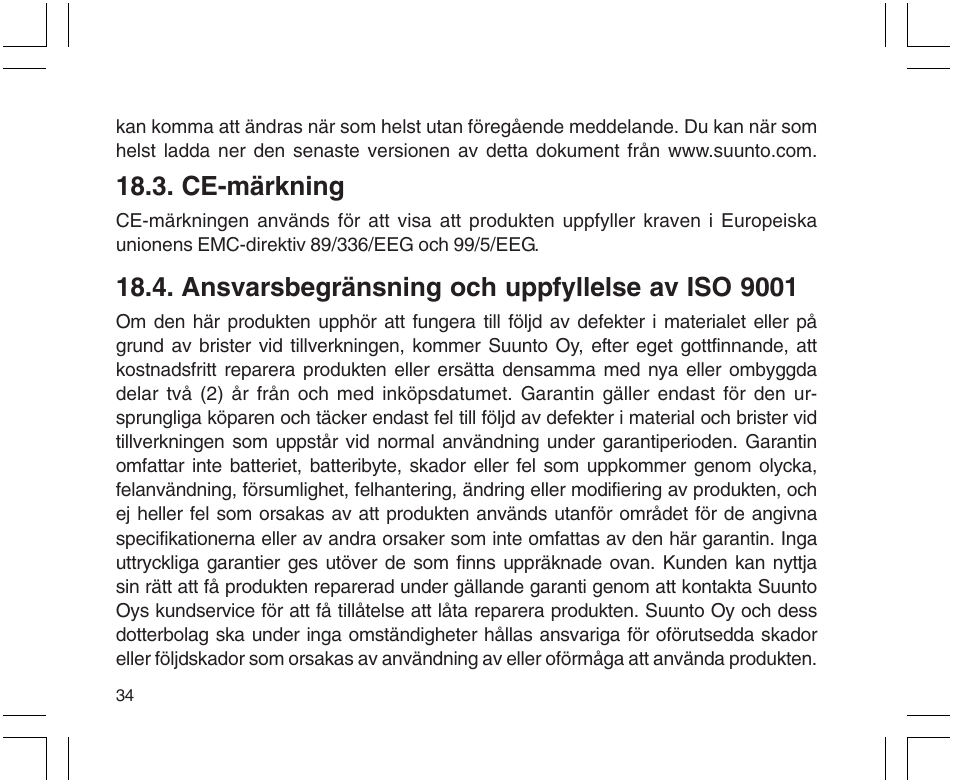 Ce-märkning, Ansvarsbegränsning och uppfyllelse av iso 9001 | SUUNTO X9 User Manual | Page 280 / 286