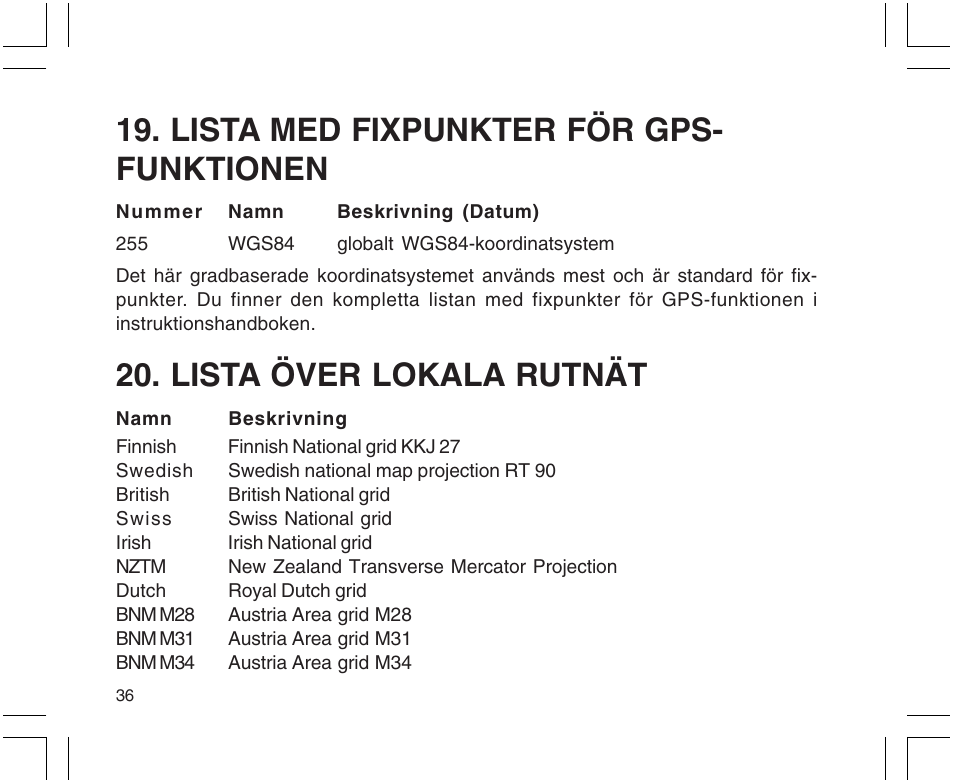 Lista med fixpunkter för gps- funktionen, Lista över lokala rutnät | SUUNTO X9 User Manual | Page 282 / 286
