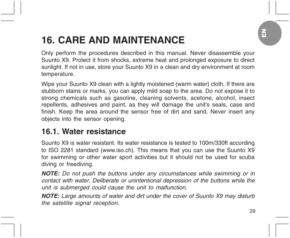 Care and maintenance, Water resistance | SUUNTO X9 User Manual | Page 29 / 286