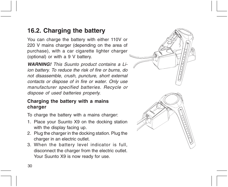 Charging the battery | SUUNTO X9 User Manual | Page 30 / 286