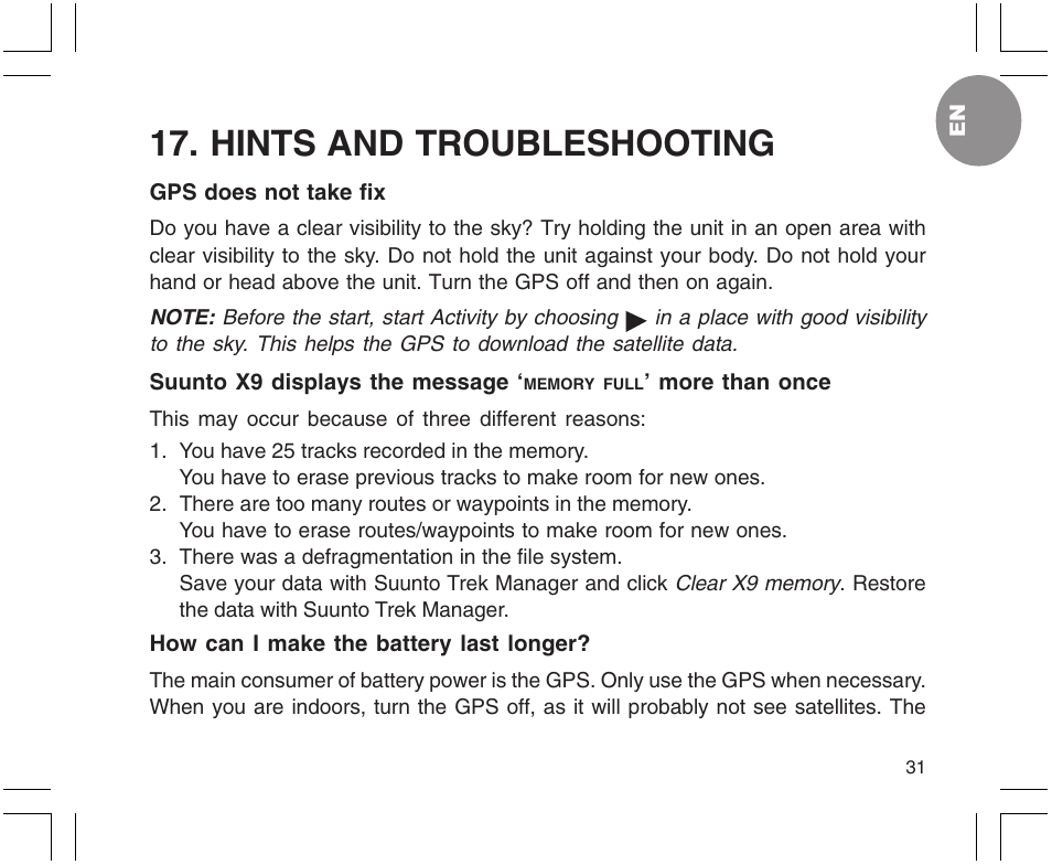 Hints and troubleshooting | SUUNTO X9 User Manual | Page 31 / 286