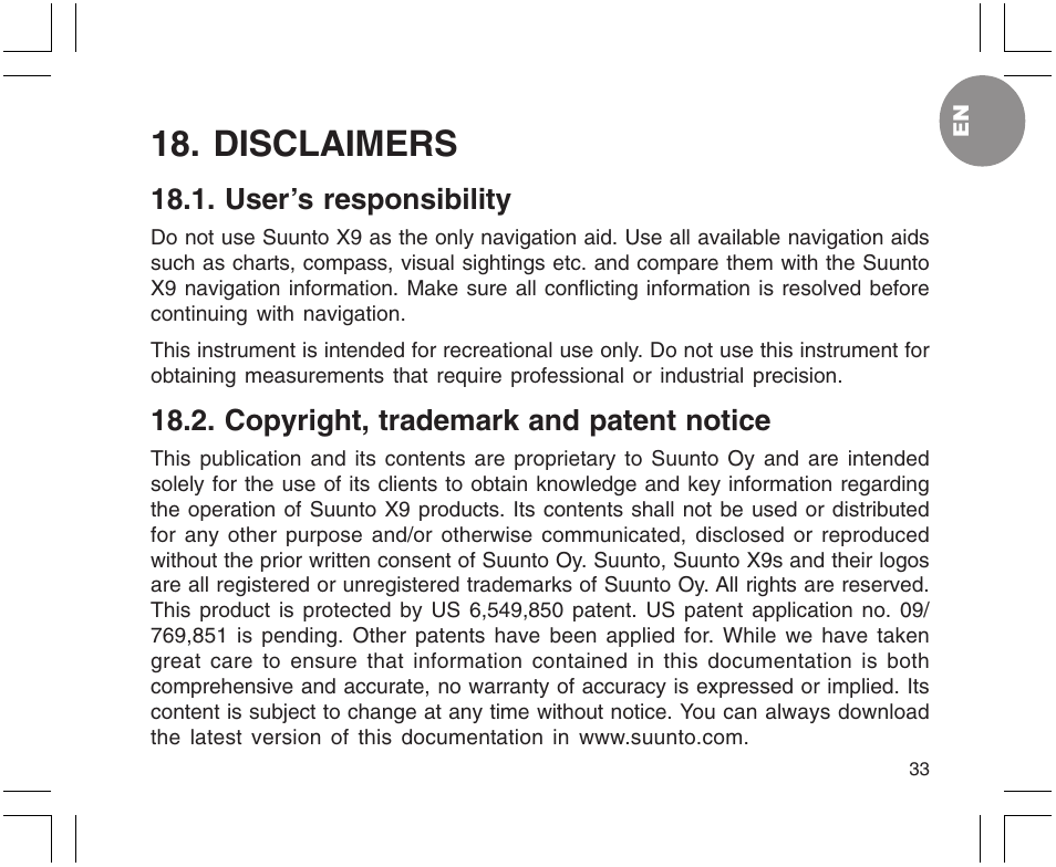 Disclaimers, User’s responsibility, Copyright, trademark and patent notice | SUUNTO X9 User Manual | Page 33 / 286