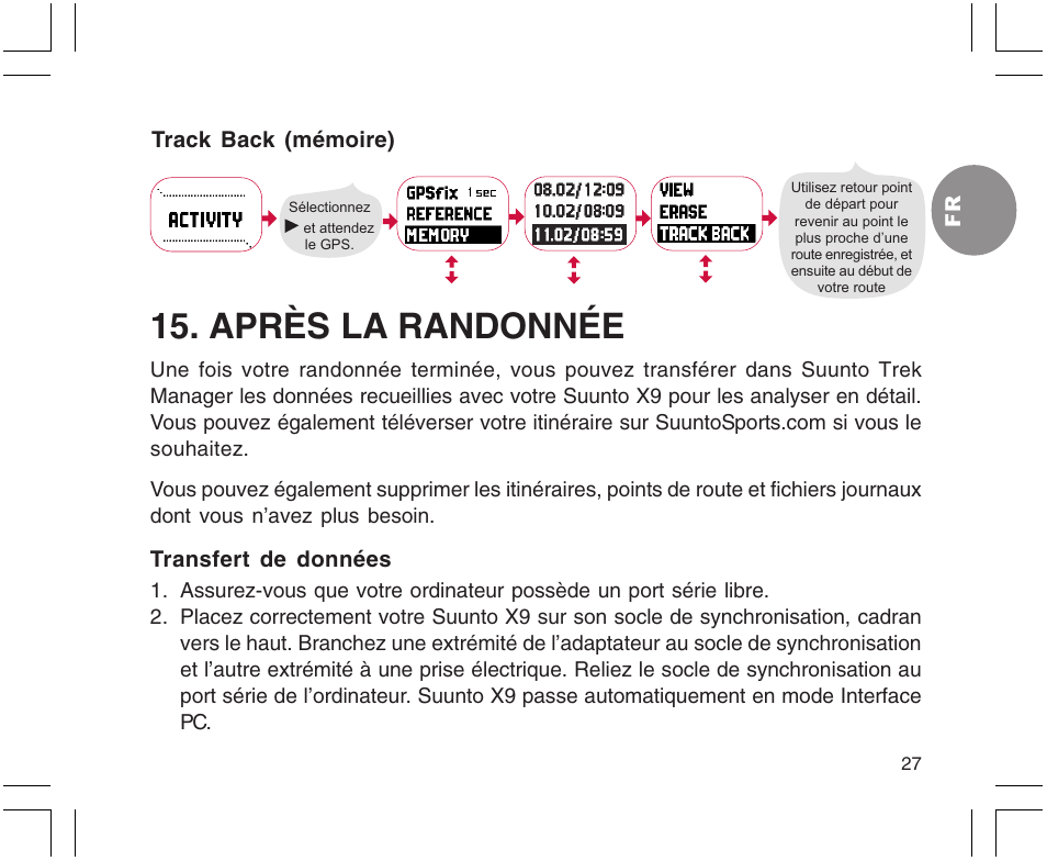 Après la randonnée, Track back (mémoire), Transfert de données | SUUNTO X9 User Manual | Page 61 / 286