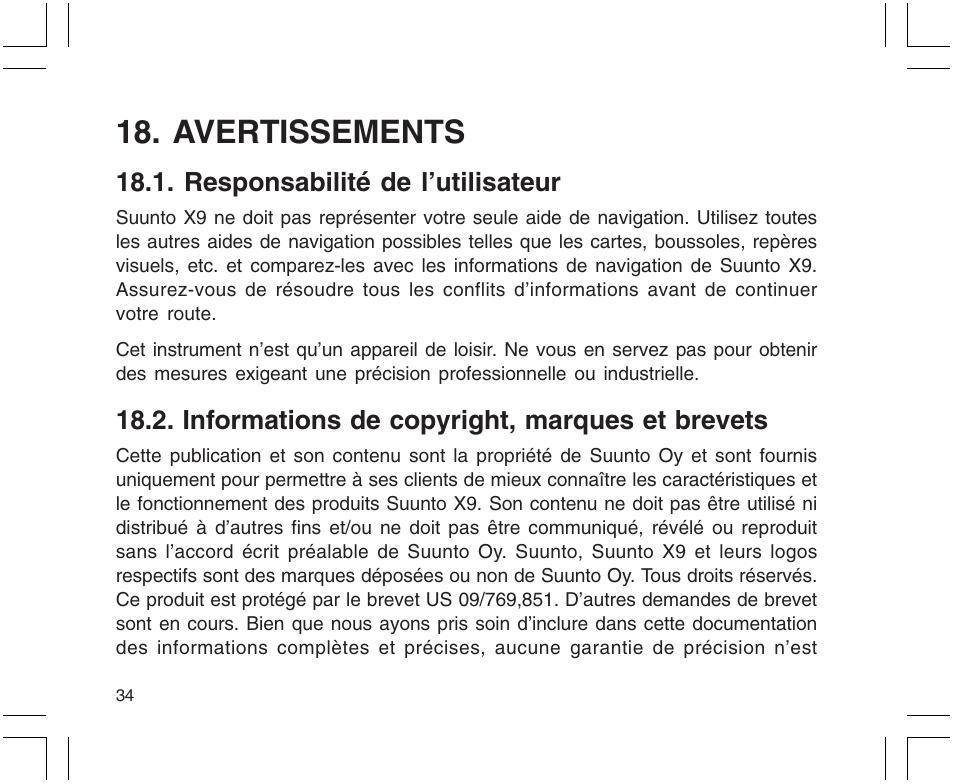 Avertissements, Responsabilité de l’utilisateur, Informations de copyright, marques et brevets | SUUNTO X9 User Manual | Page 68 / 286