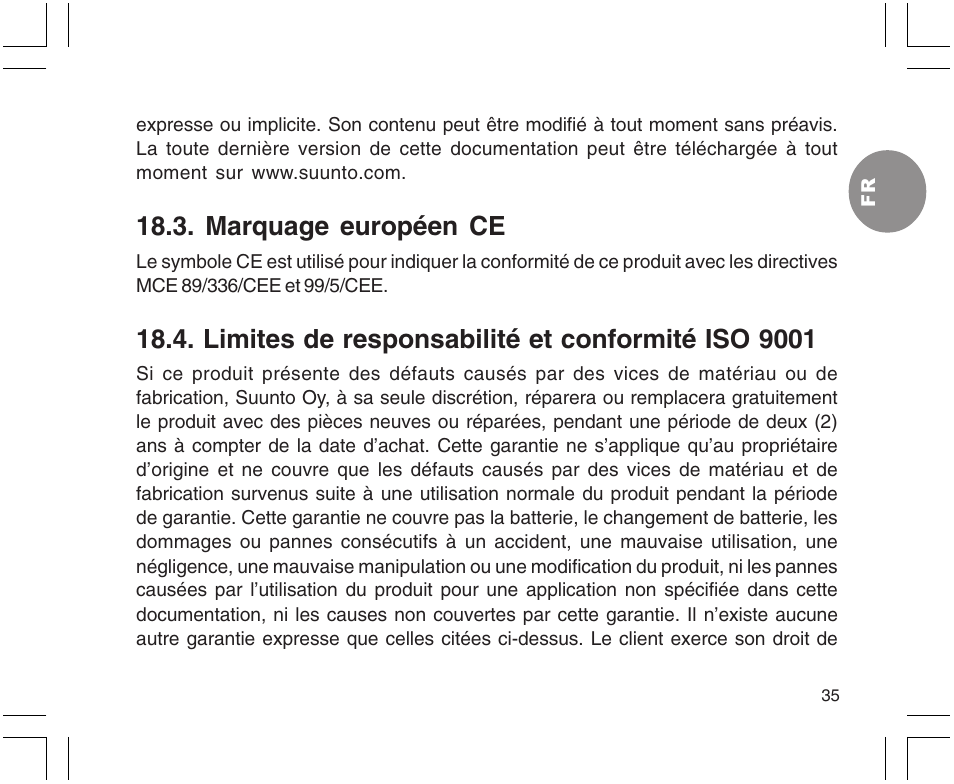 Marquage européen ce, Limites de responsabilité et conformité iso 9001 | SUUNTO X9 User Manual | Page 69 / 286