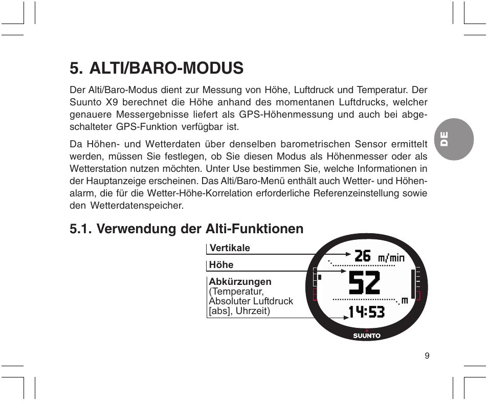 Alti/baro-modus, Verwendung der alti-funktionen | SUUNTO X9 User Manual | Page 80 / 286
