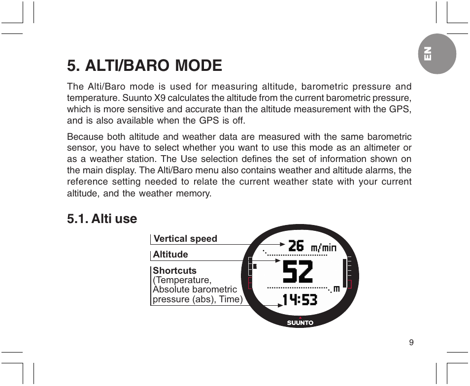 Alti/baro mode, Alti use | SUUNTO X9 User Manual | Page 9 / 286