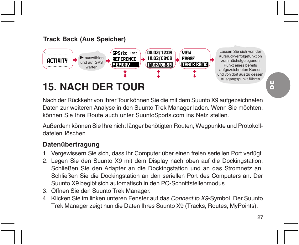 Nach der tour, Track back (aus speicher), Datenübertragung | SUUNTO X9 User Manual | Page 97 / 286