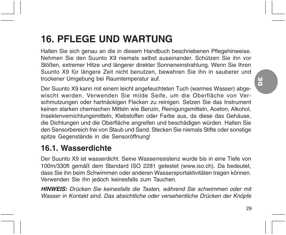 Pflege und wartung, Wasserdichte | SUUNTO X9 User Manual | Page 99 / 286