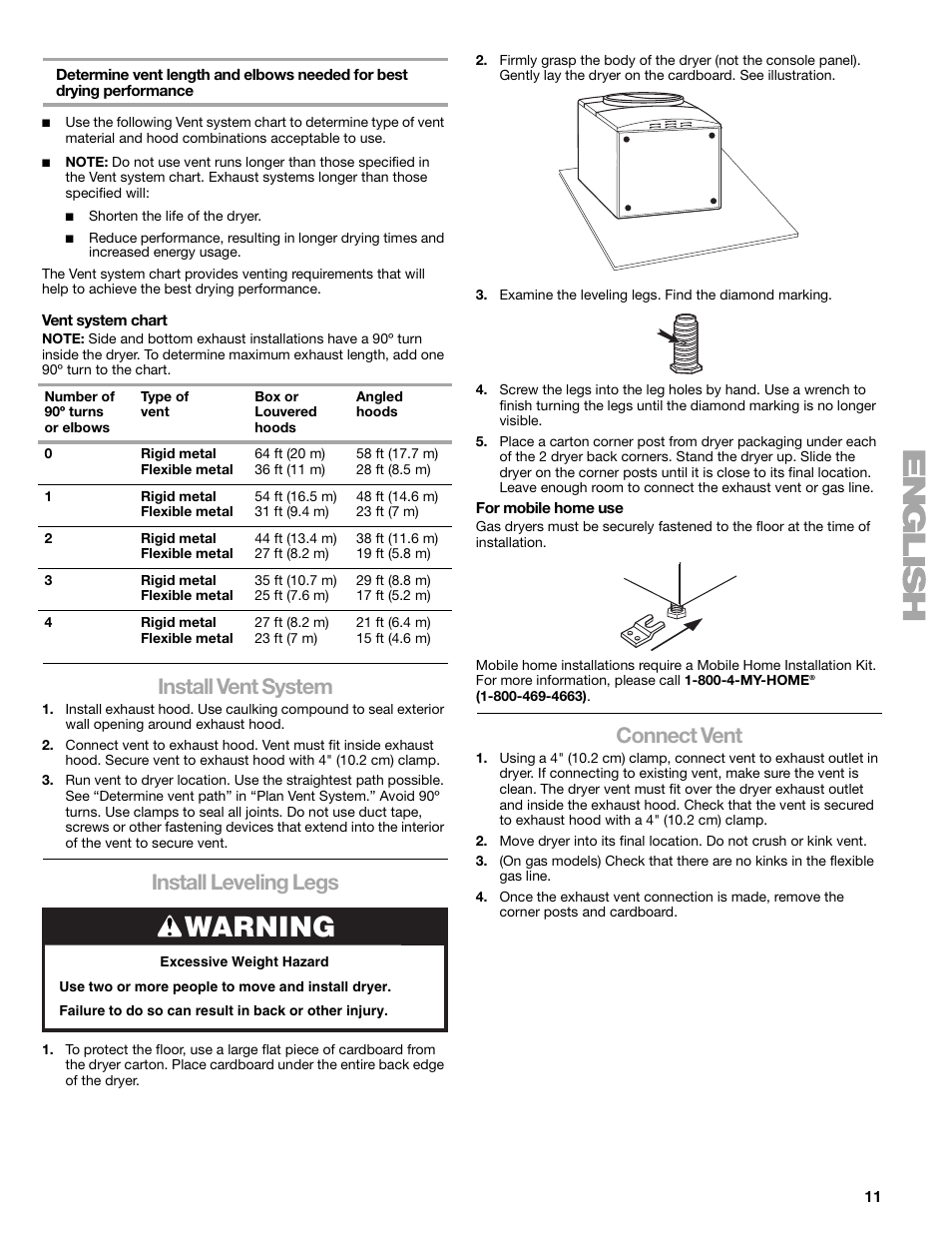 Warning, Install vent system, Install leveling legs | Connect vent | SUUNTO 110.9772 User Manual | Page 11 / 56