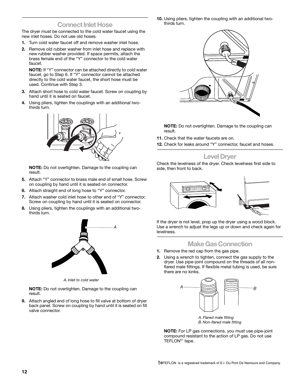 Connect inlet hose, Level dryer, Make gas connection | SUUNTO 110.9772 User Manual | Page 12 / 56