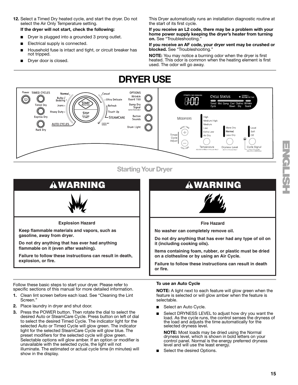 Dryer use, Warning, Starting your dryer | SUUNTO 110.9772 User Manual | Page 15 / 56