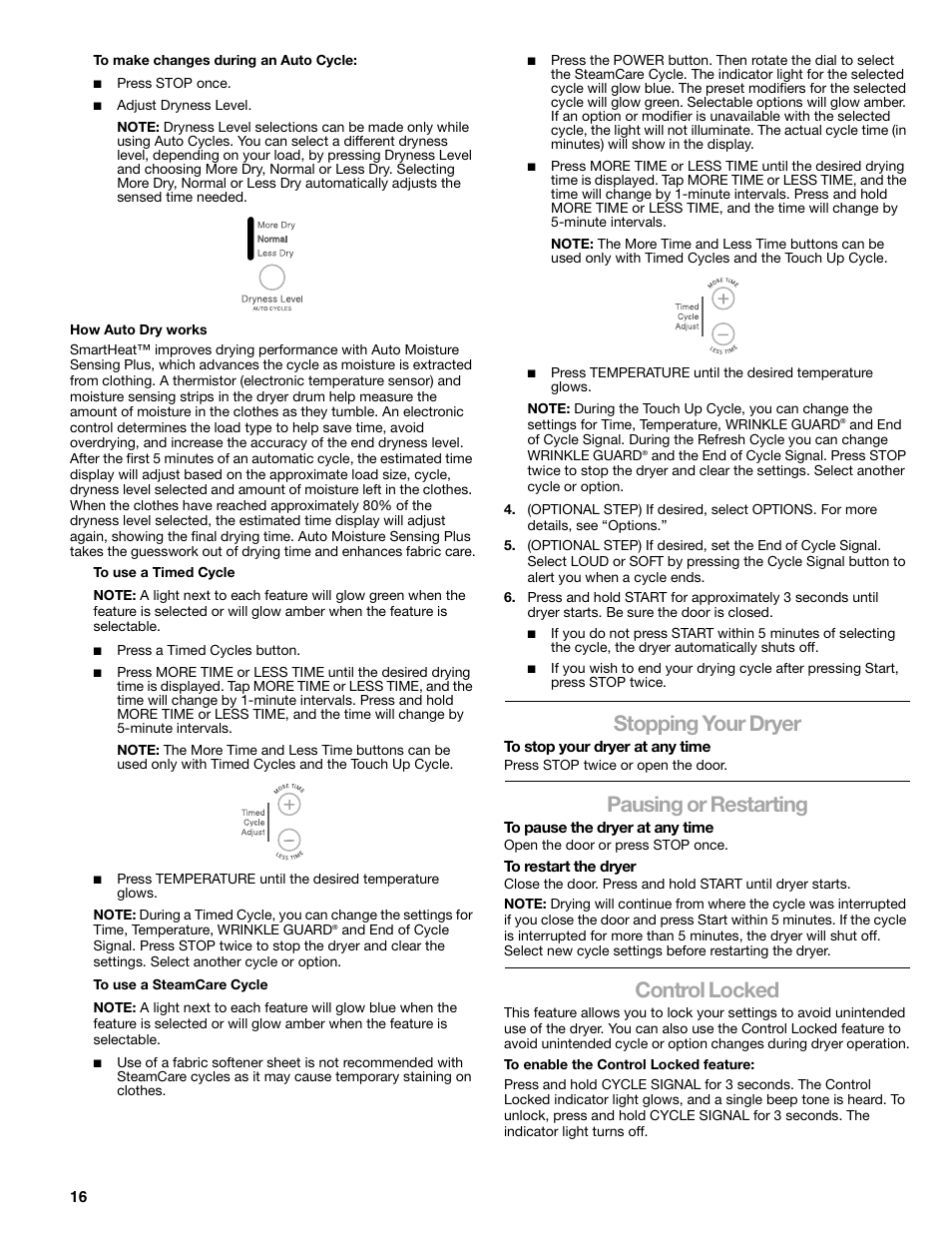 Stopping your dryer, Pausing or restarting, Control locked | SUUNTO 110.9772 User Manual | Page 16 / 56