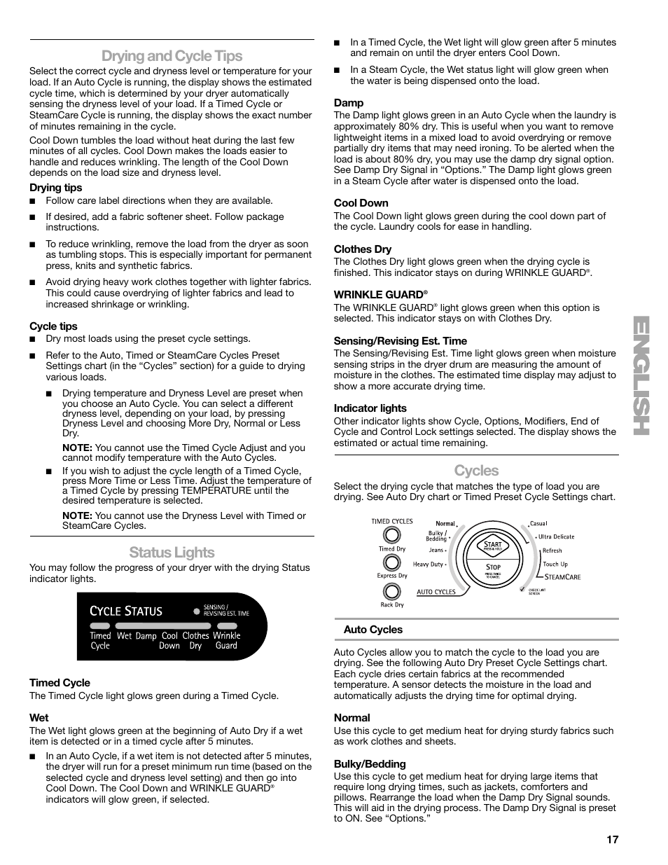 Drying and cycle tips, Status lights, Cycles | SUUNTO 110.9772 User Manual | Page 17 / 56