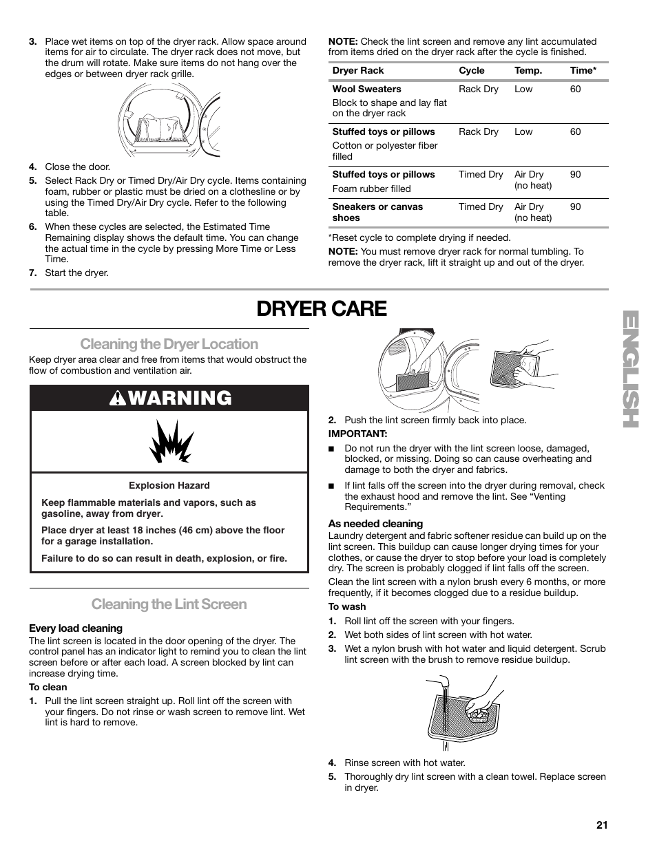 Dryer care, Warning, Cleaning the dryer location | Cleaning the lint screen | SUUNTO 110.9772 User Manual | Page 21 / 56