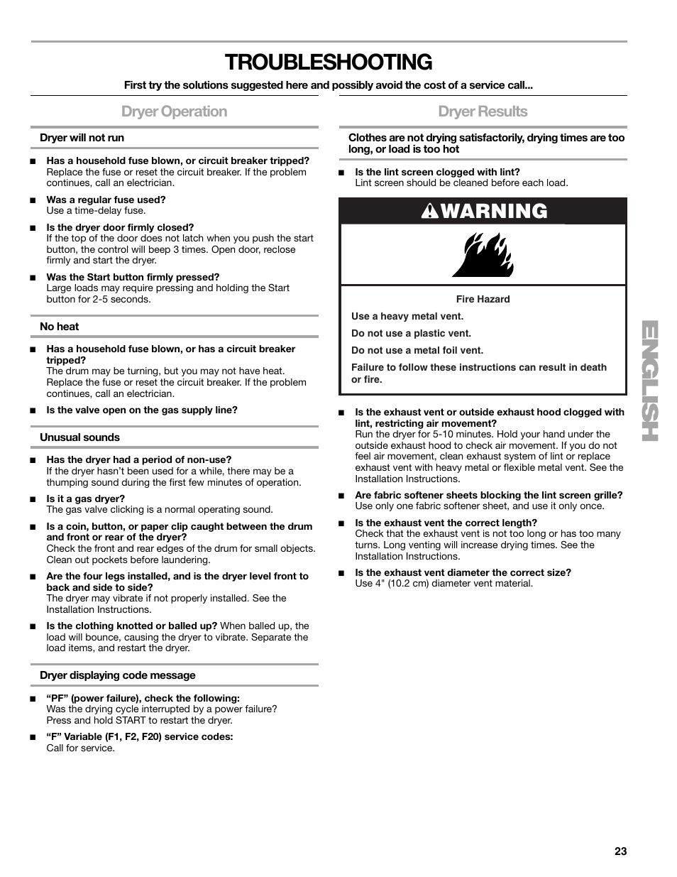 Troubleshooting, Warning, Dryer operation | Dryer results | SUUNTO 110.9772 User Manual | Page 23 / 56