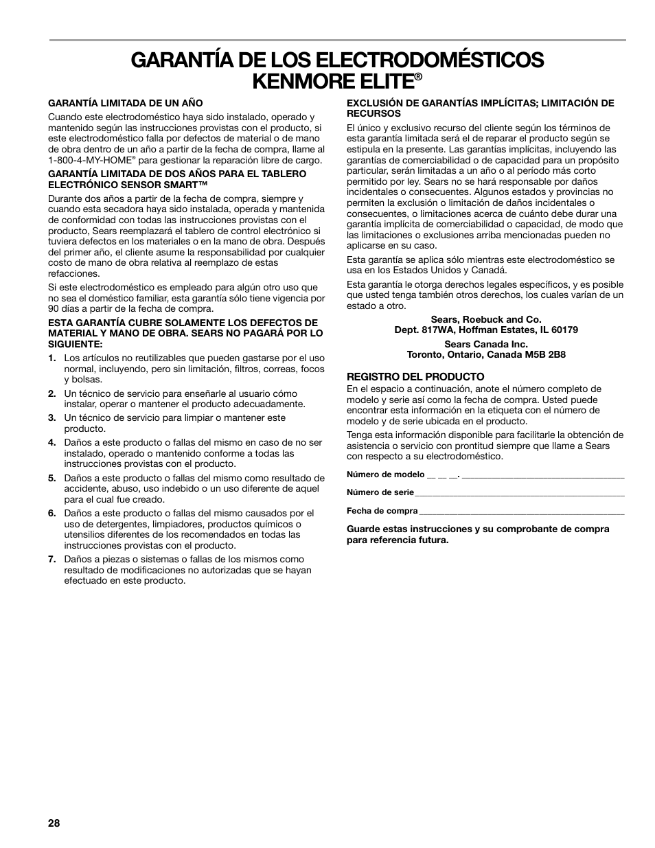 Garantía de los electrodomésticos kenmore elite | SUUNTO 110.9772 User Manual | Page 28 / 56