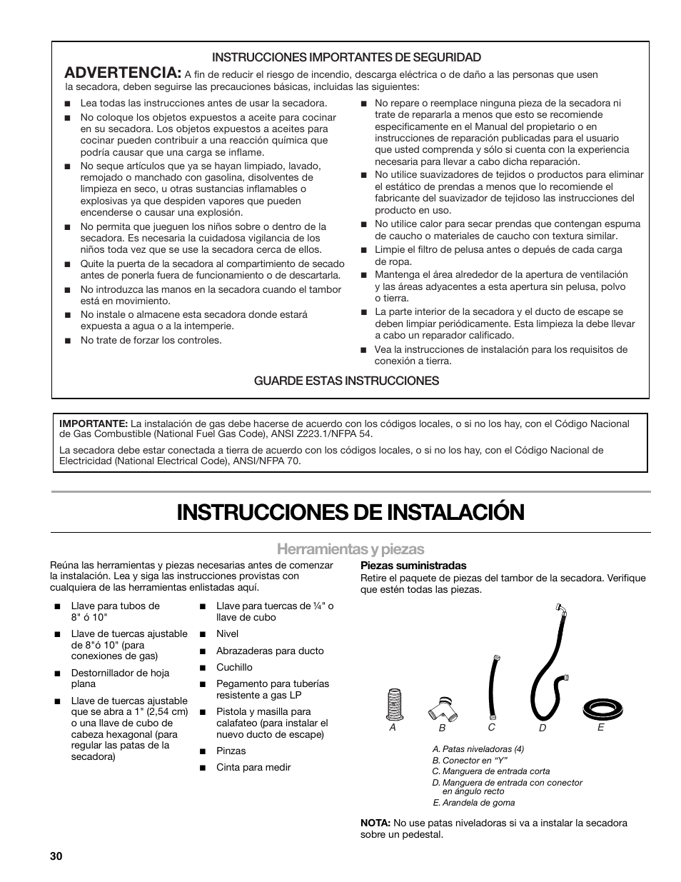 Instrucciones de instalación, Herramientas y piezas, Advertencia | Instrucciones importantes de seguridad, Guarde estas instrucciones | SUUNTO 110.9772 User Manual | Page 30 / 56