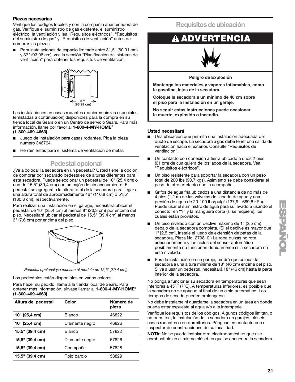 Advertencia, Pedestal opcional, Requisitos de ubicación | SUUNTO 110.9772 User Manual | Page 31 / 56