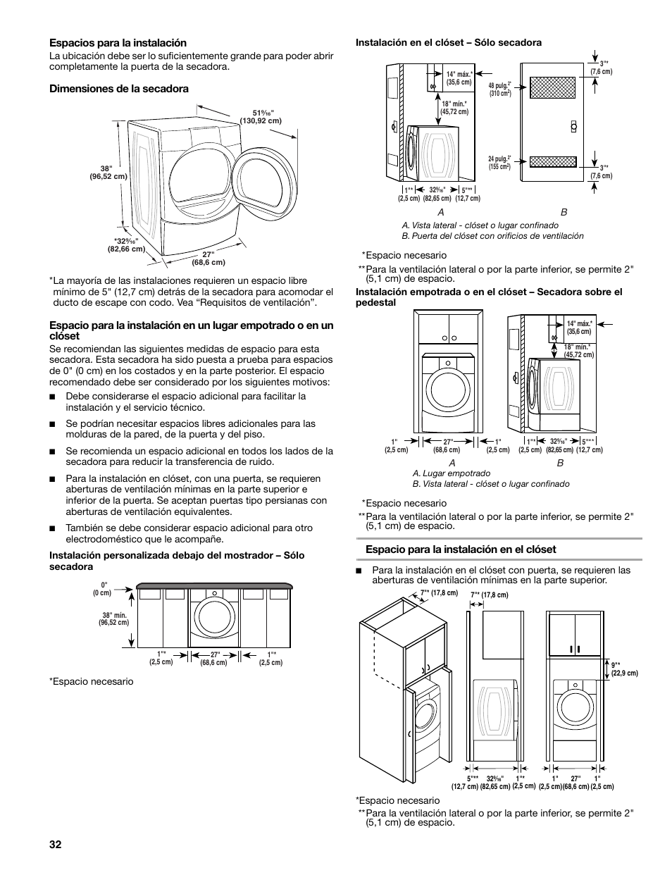 32 espacios para la instalación, Dimensiones de la secadora, Espacio para la instalación en el clóset | SUUNTO 110.9772 User Manual | Page 32 / 56