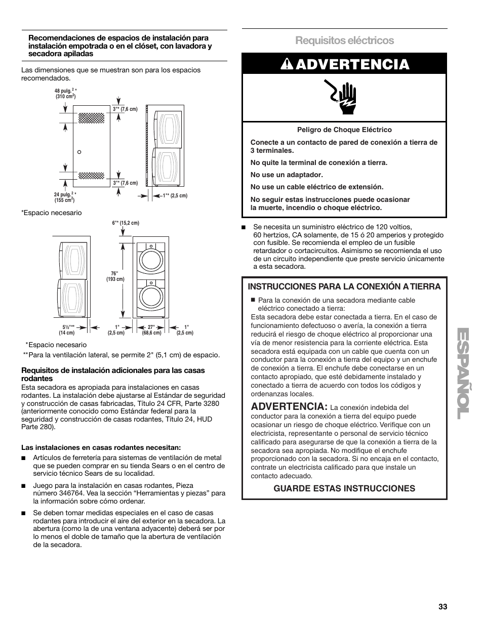 Advertencia, Requisitos eléctricos | SUUNTO 110.9772 User Manual | Page 33 / 56