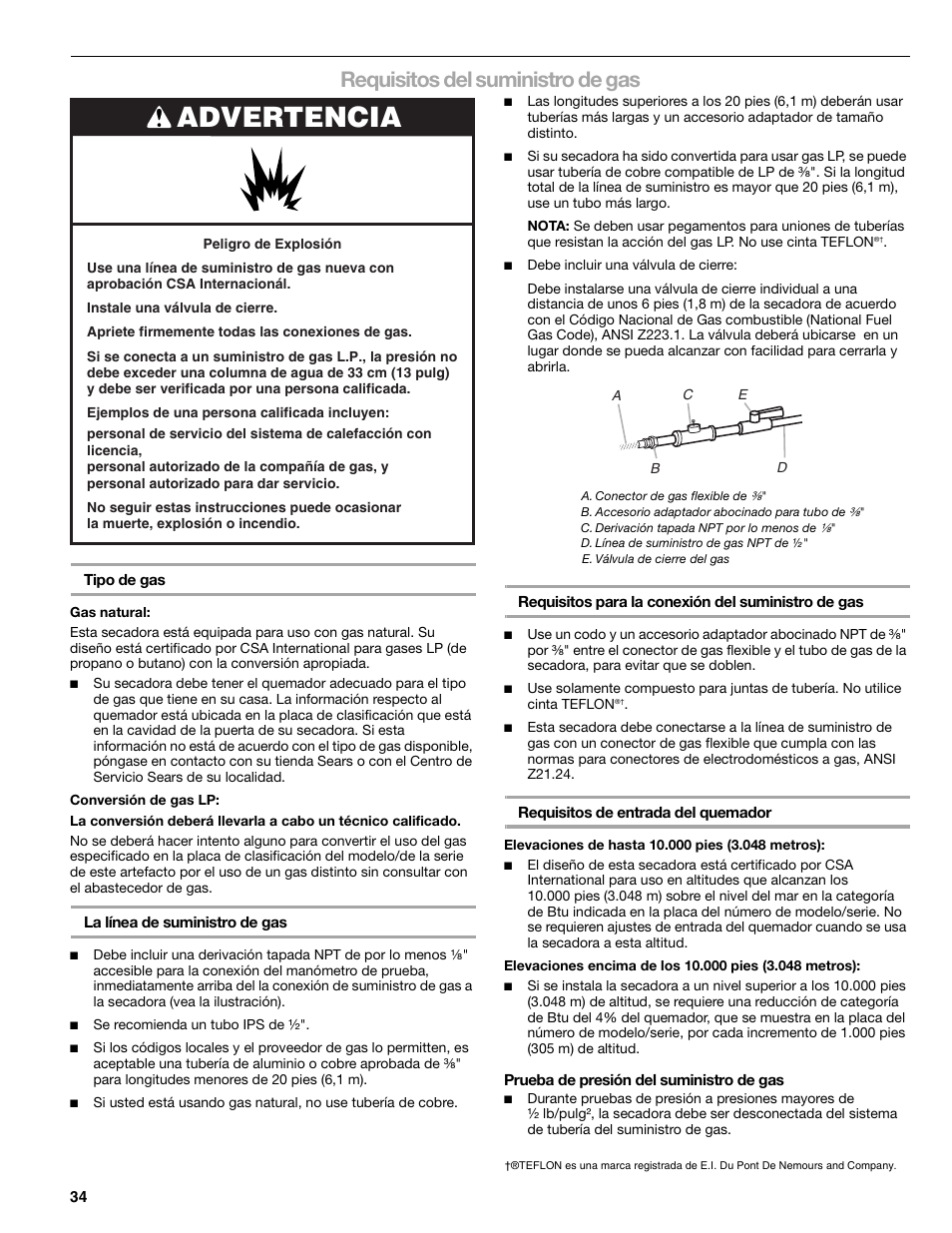 Advertencia, Requisitos del suministro de gas | SUUNTO 110.9772 User Manual | Page 34 / 56