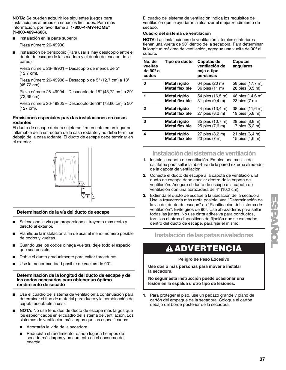 Advertencia, Instalación del sistema de ventilación, Instalación de las patas niveladoras | SUUNTO 110.9772 User Manual | Page 37 / 56