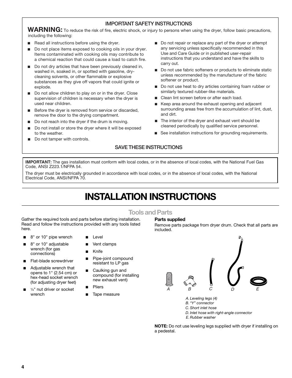 Installation instructions, Tools and parts, Warning | Important safety instructions, Save these instructions | SUUNTO 110.9772 User Manual | Page 4 / 56