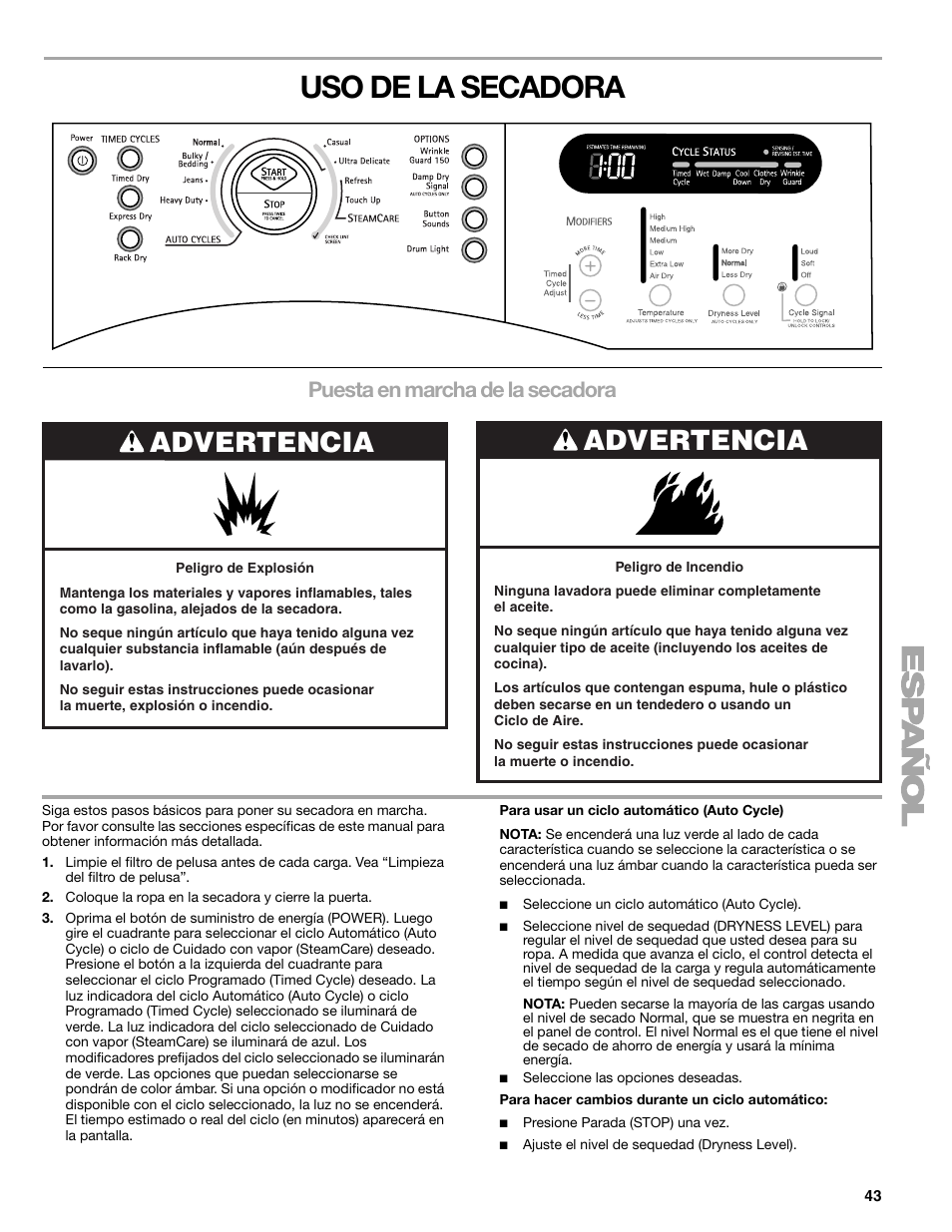 Uso de la secadora, Advertencia, Puesta en marcha de la secadora | SUUNTO 110.9772 User Manual | Page 43 / 56