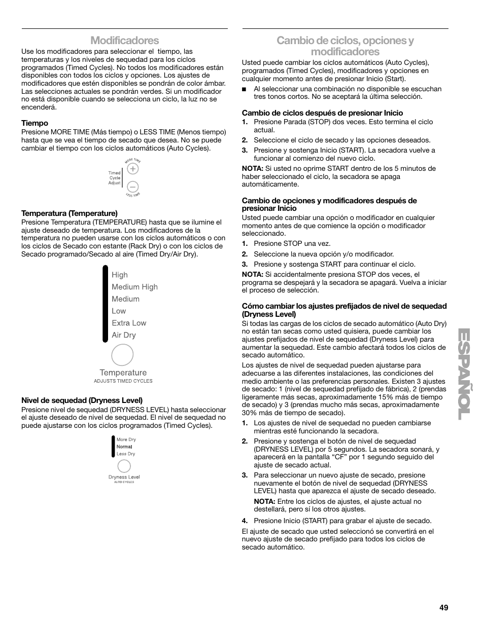 Modificadores, Cambio de ciclos, opciones y modificadores | SUUNTO 110.9772 User Manual | Page 49 / 56