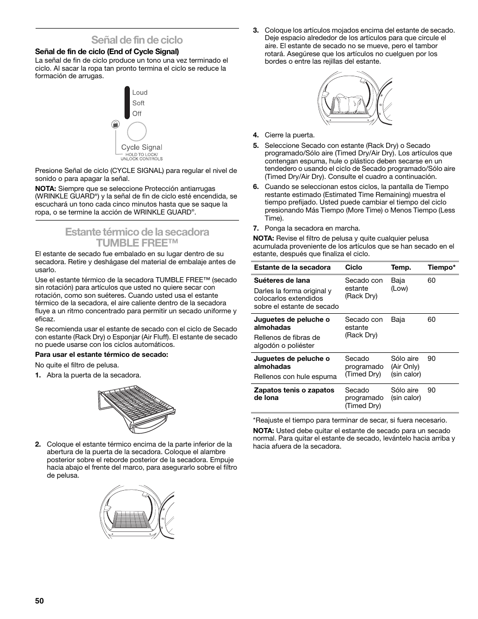 Señal de fin de ciclo, Estante térmico de la secadora tumble free | SUUNTO 110.9772 User Manual | Page 50 / 56