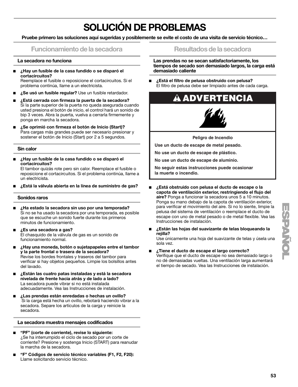 Solución de problemas, Advertencia, Funcionamiento de la secadora | Resultados de la secadora | SUUNTO 110.9772 User Manual | Page 53 / 56