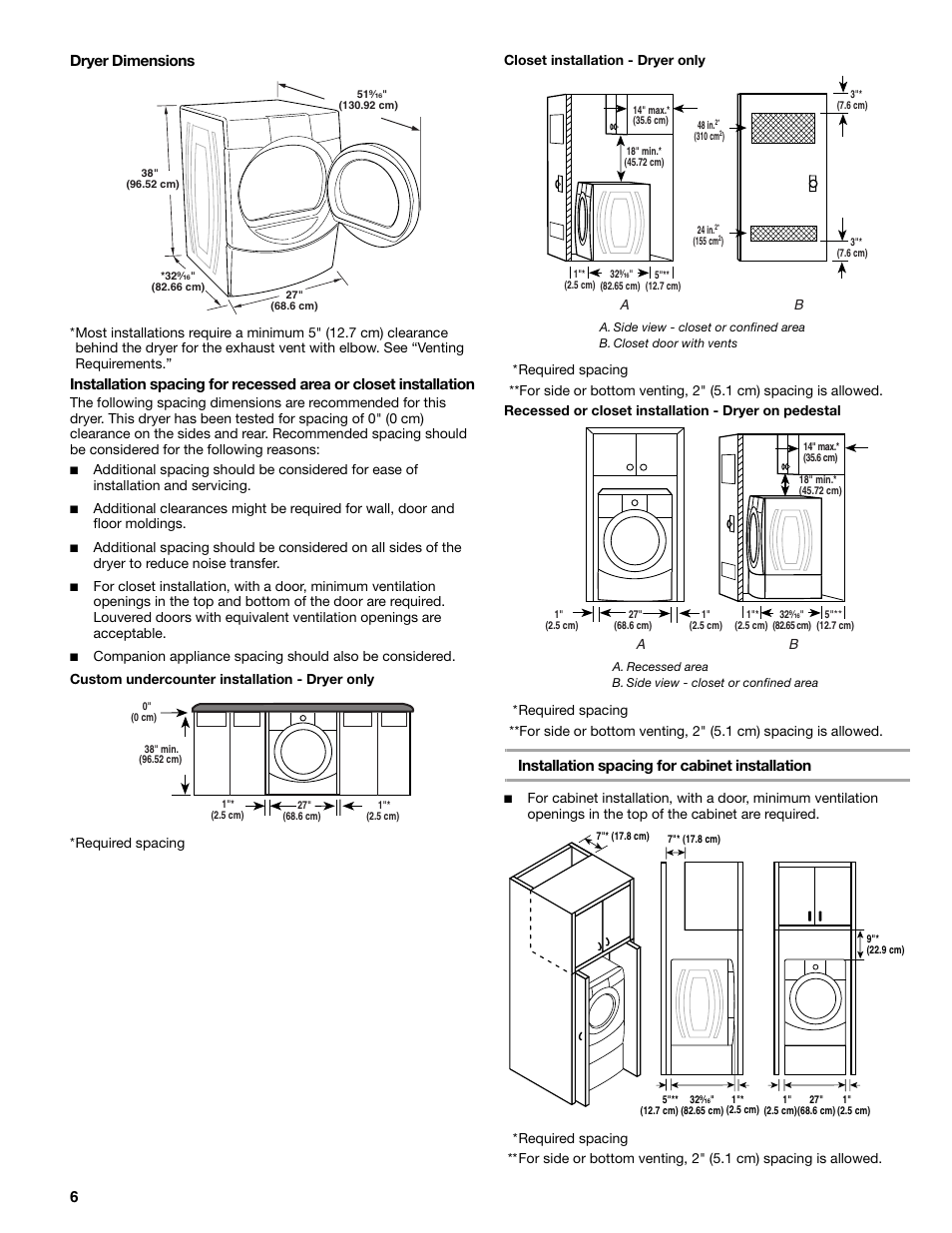 6dryer dimensions, Installation spacing for cabinet installation | SUUNTO 110.9772 User Manual | Page 6 / 56